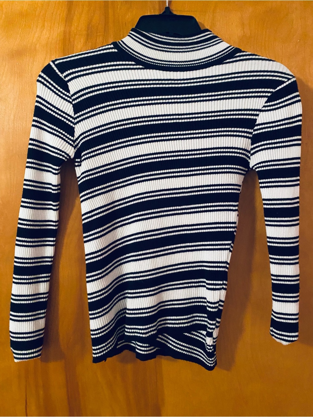 Say What? Black & White Striped Ribbed Mock Neck Long Sleeve Top